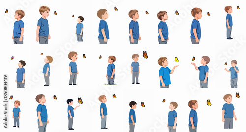Collection of vector illustrations of young boys in blue shirts observing and interacting with colorful butterflies, showing curiosity and childhood wonder.