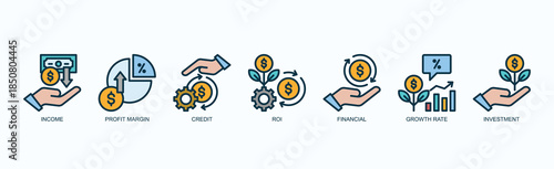 Wealth Engine Icon Set Isolated Vector With Icon Of Income, Profit Margin, Credit, Roi, Financial, Growth Rate, Investment In Outline Color Style