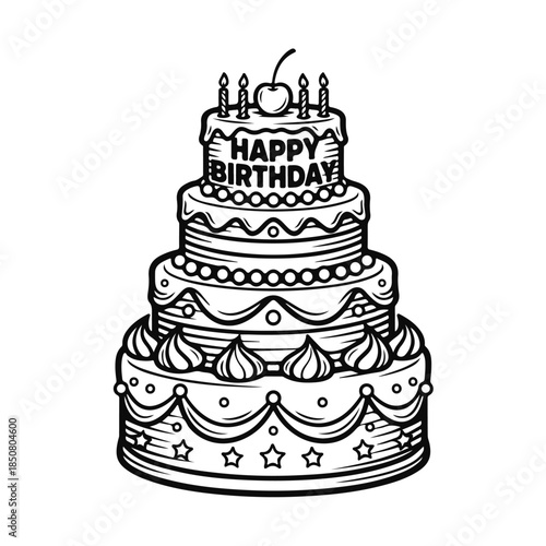 Illustration of a decorated cake with cream layers and topping. birthday cake, sweet dessert, cream cake, bakery food, festive pastry