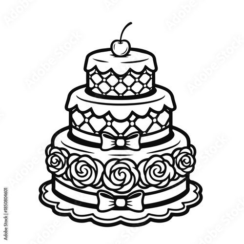 Illustration of a decorated cake with cream layers and topping. birthday cake, sweet dessert, cream cake, bakery food, festive pastry