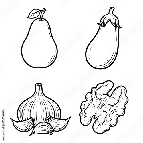 Illustration of pear, eggplant, garlic and walnut arranged together, minimal style, clear shapes and contrast. fresh produce, organic food, healthy ingredients, natural vegetables, vegetarian diet