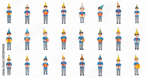 Vector illustration bundle featuring 24 diverse cartoon boys in party hats holding birthday gift boxes, suitable for celebration graphics and invitations.