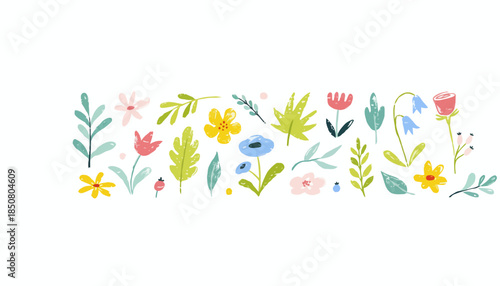 Vibrant collection of hand-drawn spring flowers and botanical leaves creating a joyful decorative element for various design projects and seasonal themes