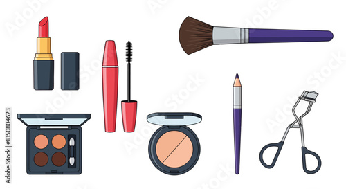 Collection of assorted makeup and beauty products including lipstick, mascara, eyeshadow palette, powder compact, eyeliner, brush, and eyelash curler