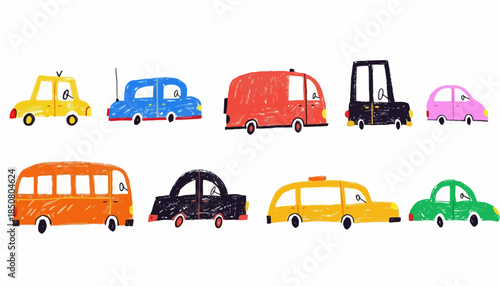 Whimsical Collection of Hand-Drawn Cartoon Vehicles for Children's Designs, Colorful Crayon Style Cars, Buses, and Vans for Playful Illustrations and Backgrounds