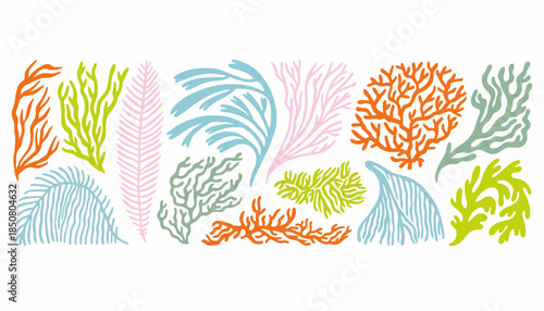 Vibrant collection of stylized coral and seaweed illustrations. Diverse vector set showcasing colorful marine flora, ideal for ocean ecology, aquatic life, and underwater nature designs