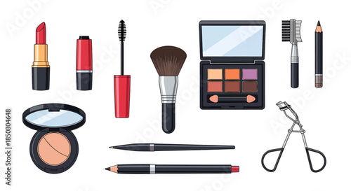 A comprehensive collection of essential makeup and beauty products for daily routines and special occasions, neatly arranged on a clean white background