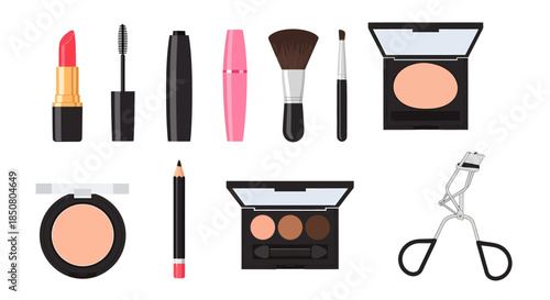 Collection of various cosmetic beauty products and tools for makeup application