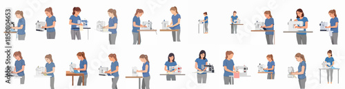 Collection of illustrations showing women and girls operating sewing machines, stitching fabric, representing tailoring, hobby, craft, and fashion production.