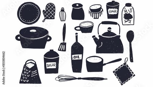 A Collection of Hand-Drawn Kitchenware and Cooking Utensils on a White Background