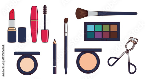 A comprehensive collection of essential beauty and cosmetic products, featuring various makeup tools, powders, and accessories, perfect for diverse application needs and daily styling routines