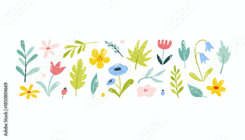Vibrant collection of hand-drawn spring flowers and leaves illustration in a cheerful, stylized doodle art style, perfect for decorative graphic designs and nature-themed projects