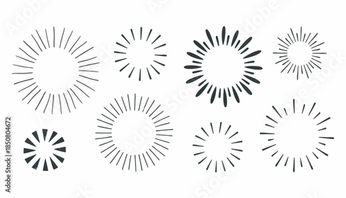 Collection of sunburst and starburst graphic elements for design projects and backgrounds, isolated on white