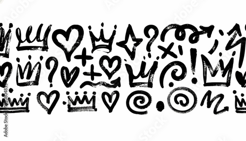 Abstract Graffiti Elements Collection Crowns, Hearts, Arrows, and Stars on a White Background