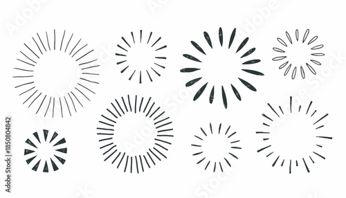 A diverse collection of hand-drawn sunburst and starburst designs, perfect for adding a radiant, energetic, and celebratory decorative flair to any creative project, enhancing visual appeal