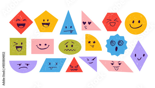 Collection of Geometric Shapes Expressing a Wide Range of Emotions Through Fun Cartoon Faces