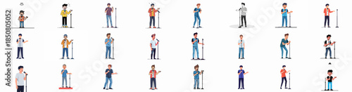 Collection of diverse vector avatars showing young men presenting, singing, or doing stand-up comedy with microphones on stage.