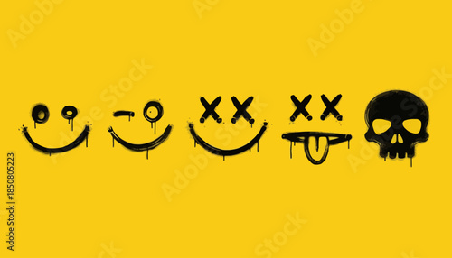 Graffiti-style smiley face emojis with melting effect and skull, set against a vibrant yellow background, representing a dark humor theme