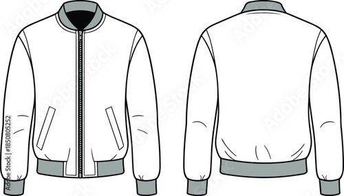 Bomber jacket technical drawing, front and back view apparel outline, modern casual outerwear design, black and white fashion illustration