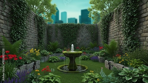 Tranquil urban garden oasis with fountain and city skyline backdrop
