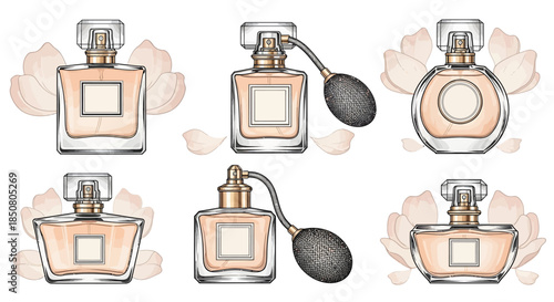 Elegant collection of diverse perfume bottles, each featuring a unique design and delicate floral motifs, representing luxury, beauty, and delightful fragrance for women