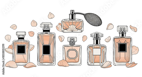 Collection of elegant perfume bottles with floral accents, featuring assorted shapes and designs, evoking luxury and fragrance