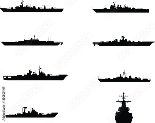Military warship silhouette collection with naval destroyers and battleships views, maritime defense fleet illustration, black and white vector design