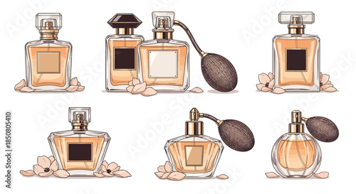 Collection of elegant perfume bottles with floral accents, showcasing luxury fragrance packaging