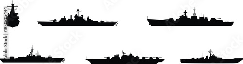 Military warship silhouette set illustration showing naval destroyers and battleships profiles, maritime defense fleet concept, black and white vector