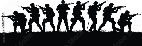 Military soldier silhouettes in combat formation illustration, armed forces teamwork concept with rifles, tactical movement, black vector design