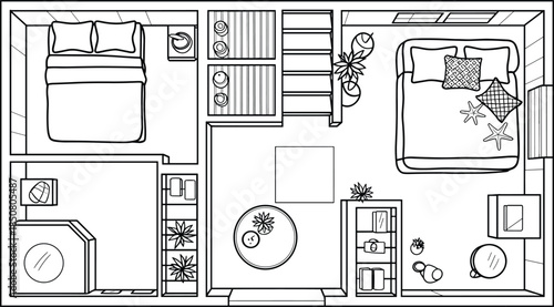Modern apartment floor plan illustration, minimalist interior layout with bedroom living room bathroom furniture, black and white architectural drawingModern apartment floor plan illustration, 
