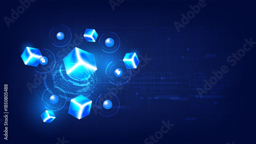 Technology blockchain and cybersecurity concept with glowing blue cubes