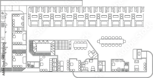 Office floor plan blueprint layout with workstations meeting rooms furniture details vector line illustration for architectural design projects