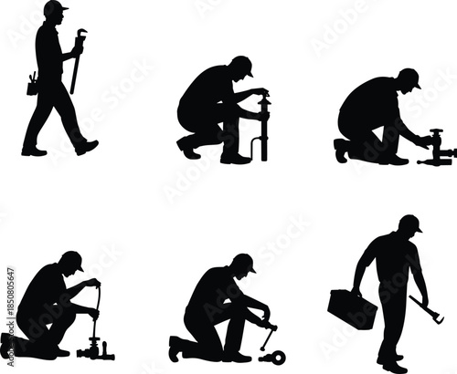 Plumber worker silhouette set illustration fixing pipes and valves, professional maintenance and repair service concept, black and white vector design