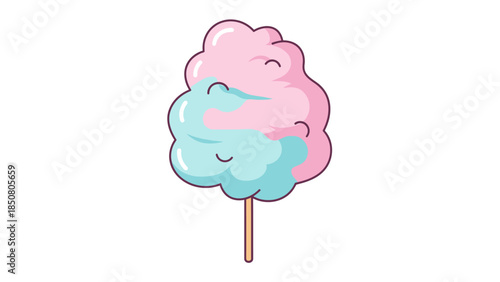 A cute cartoon illustration of fluffy pink and blue cotton candy on a stick, a sweet treat.