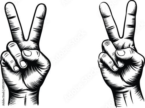 Peace hand gesture illustration set, victory sign symbol with detailed vintage engraving style, expressive black and white line art