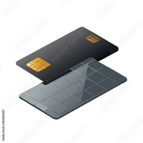 A black leather wallet holds a plastic credit card and a mobile SIM card next to a blank notebook and a USB flash drive storage object for business technology data isolated on a white background