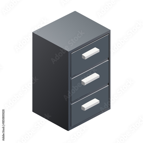 A detailed 3d render of an open metal office file cabinet used for secure document storage and business data archives, featuring a pull-out drawer with organized folders and information files