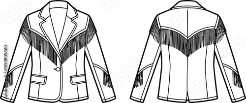 Western fringe jacket technical fashion illustration front and back view line art coat design template for apparel production