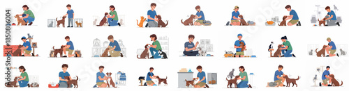 Animal Shelter Volunteers Caring for Dogs and Cats, Illustrating Pet Adoption, Welfare, and Rescue Efforts.