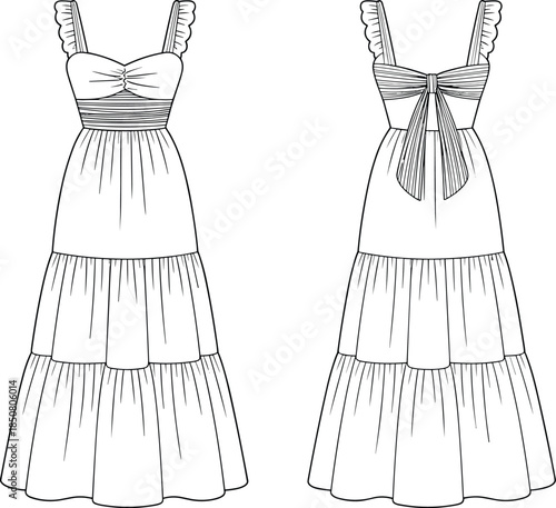 Women tiered maxi dress technical fashion sketch, front and back view, ruffle strap summer gown flat vector illustration design template