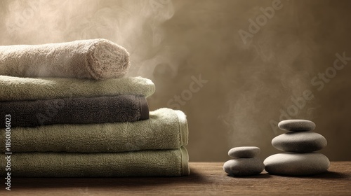 Stack of Soft Towels with Zen Hot Stones and Rising Steam, Concept of Spa Wellness, Sauna Relaxation, and Massage Therapy