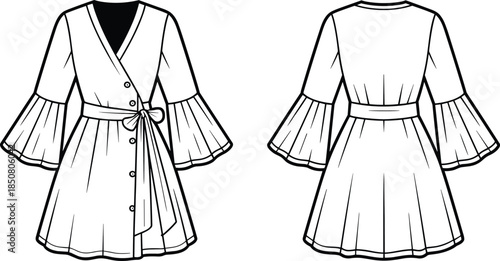 Women wrap mini dress technical fashion sketch front and back view bell sleeve waist tie flat vector illustration design template