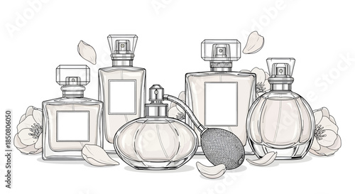 Elegant Collection of Various Perfume Bottles Adorned with Delicate Floral Elements, Hand-Drawn Outline Illustration for Beauty, Luxury, and Fragrance Concepts