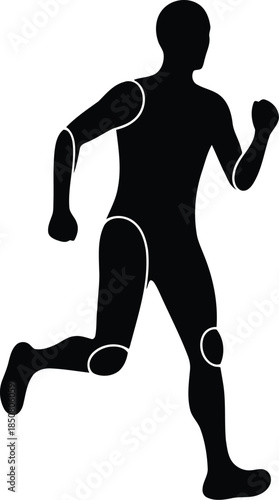 Running man silhouette with highlighted joints for anatomy and movement study on white background
