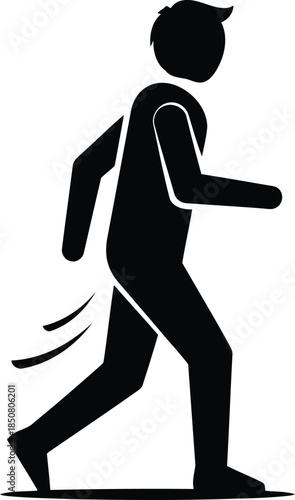Simple black silhouette of a man running with a subtle trail effect, indicating speed and motion on white background