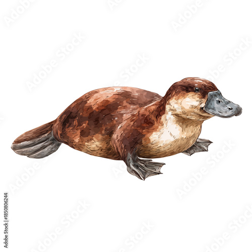Platypus in detailed isometric watercolor art, isolated on a pure white backdrop.