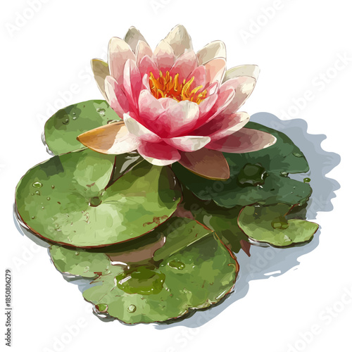 Pond Lily in detailed isometric watercolor art, isolated on a pure white backdrop.