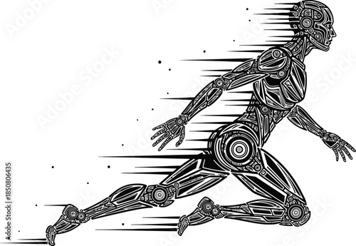 Running fast humanoid robot in motion, achieving high speed with advanced cybernetic components
