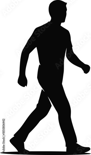 Black silhouette of man walking left to right in profile, showing casual movement and relaxed posture on gray background